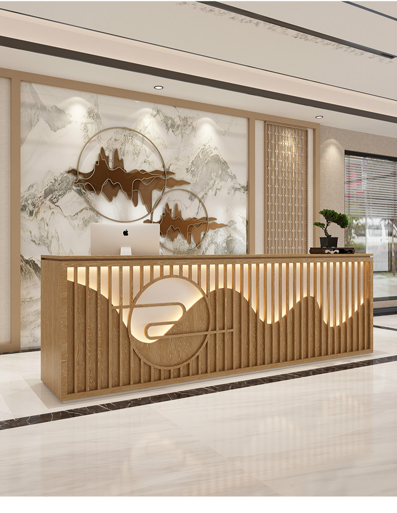 新中式收银台实木复古餐厅茶楼旅行社名宿前台接待台一体吧台定制咖色
