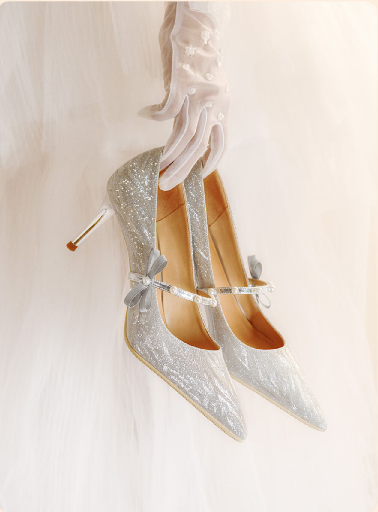 fi-hi鞋子女新款2022银色水晶高跟日常两穿银色绑带高跟鞋 闪光银色