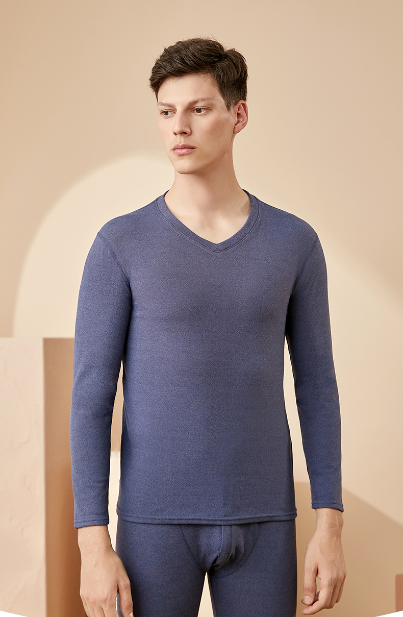 芬腾保暖内衣男秋冬新款秋衣秋裤男纯色v领长袖套头衫打底衫套装烟灰