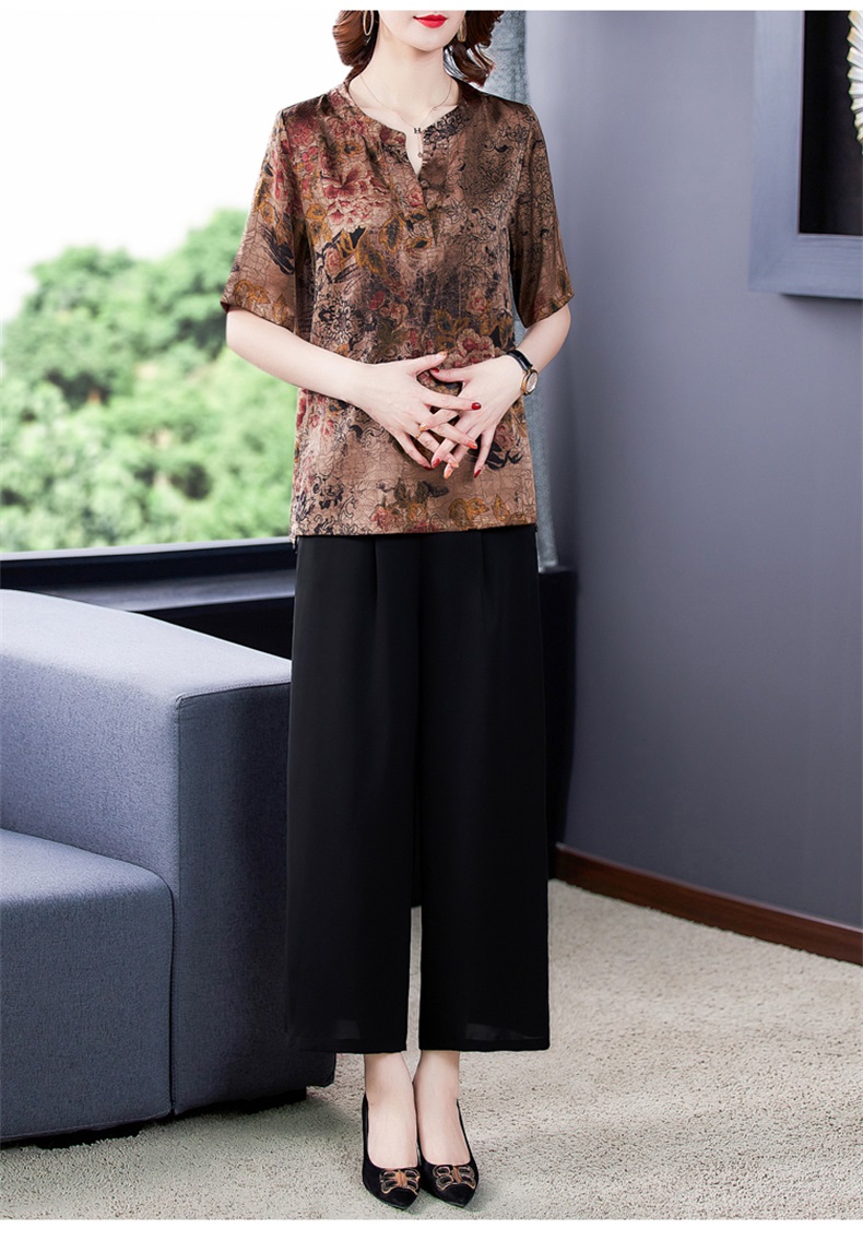 夫人香云纱真丝两件套春夏新款高端中年妈妈阔腿裤大码女装 咖色套装