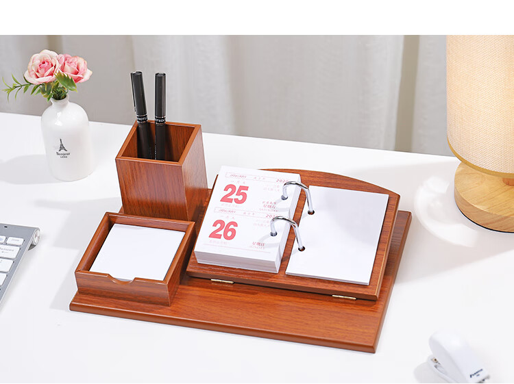 流颜木质桌面台历架办公记事本笔筒名片盒商务中国风礼品老板桌日历