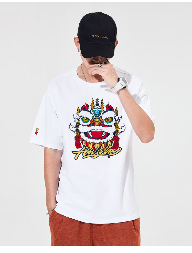 vensup短袖t恤男女潮牌中国风重工刺绣醒狮纯棉国潮短袖t恤白色xl码