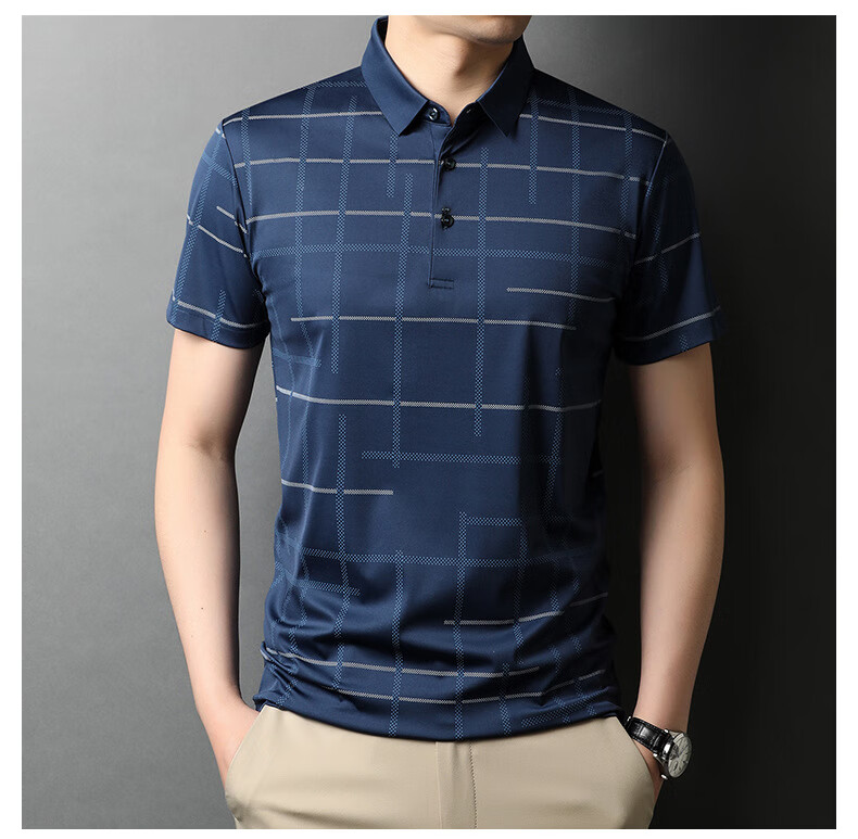 潮流锦纶青年夏装短袖t恤休闲翻领宽松polo衫男士格子体恤半袖衣 深