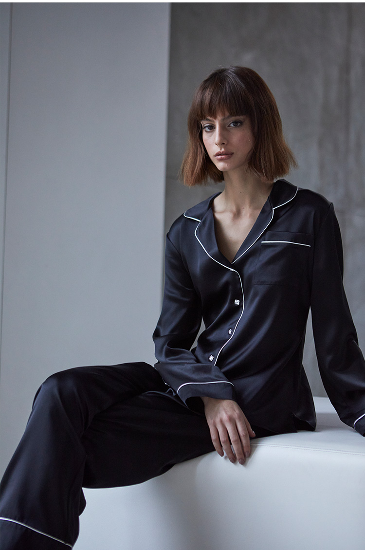 silkymiracle经典女士真丝睡衣奢华奢侈品家居服长袖外穿桑蚕丝套装送