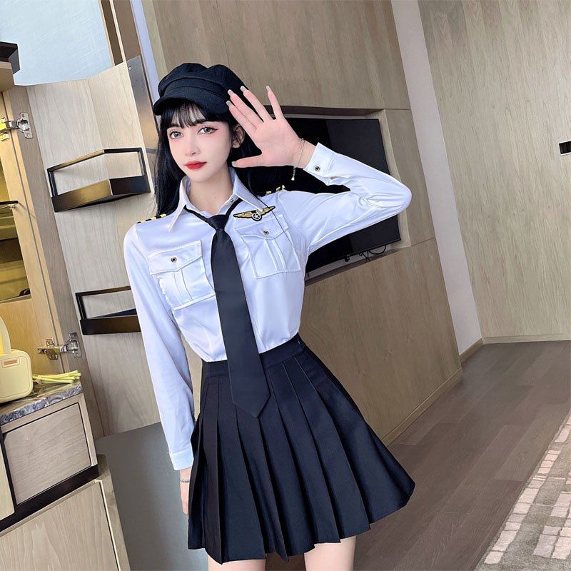 品质精选空姐jk制服套装女夜店酒吧工作服海军风职业装长袖领带衬衣两
