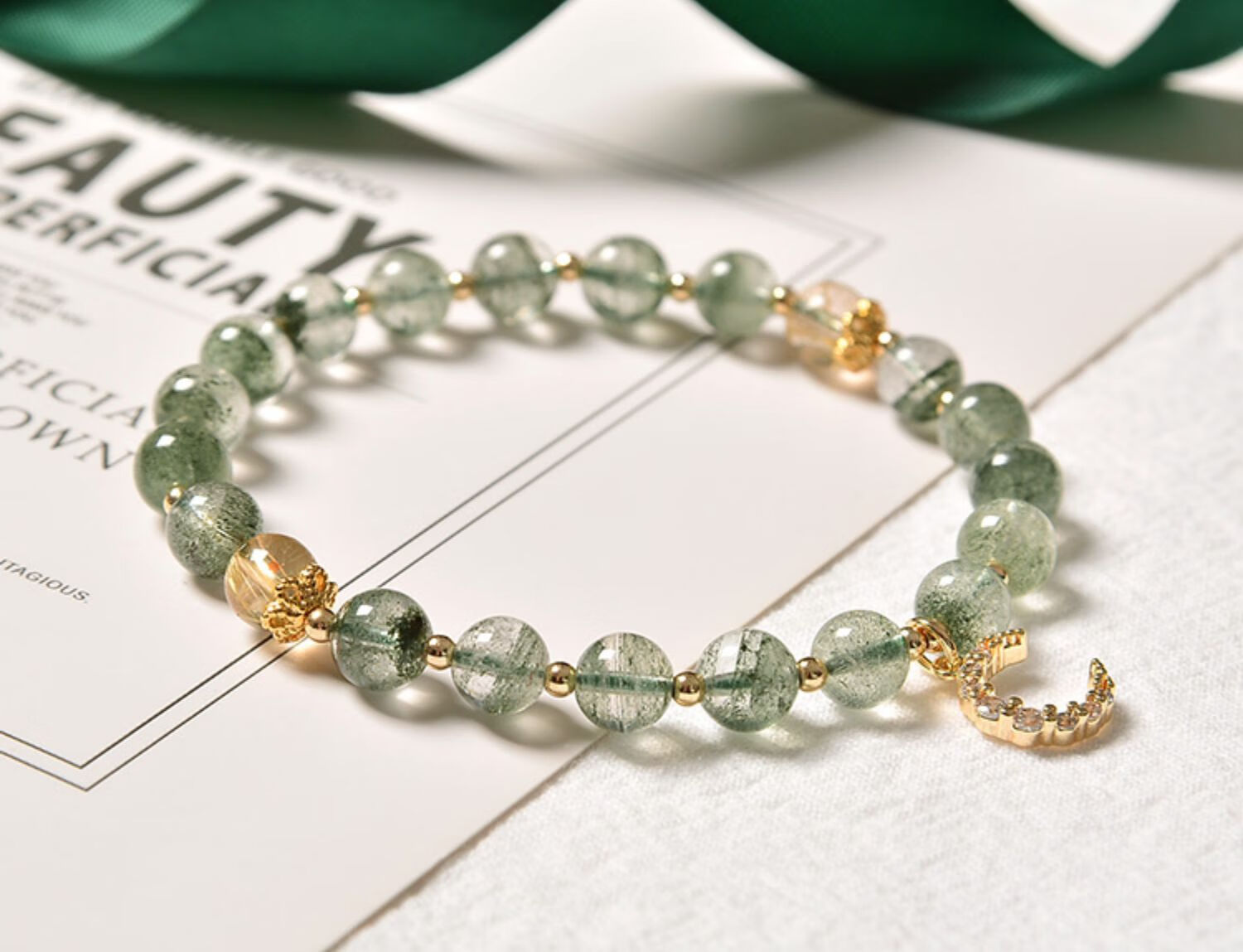 绿幽灵手链女天然水晶事业运亨通金发晶月亮款手串生日礼物千层款约67