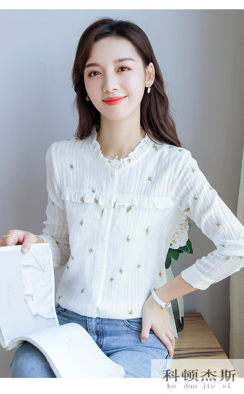 白色衬衫女春装2021年新款女设计感小众全棉绣花纯棉长袖衬衣米白xl