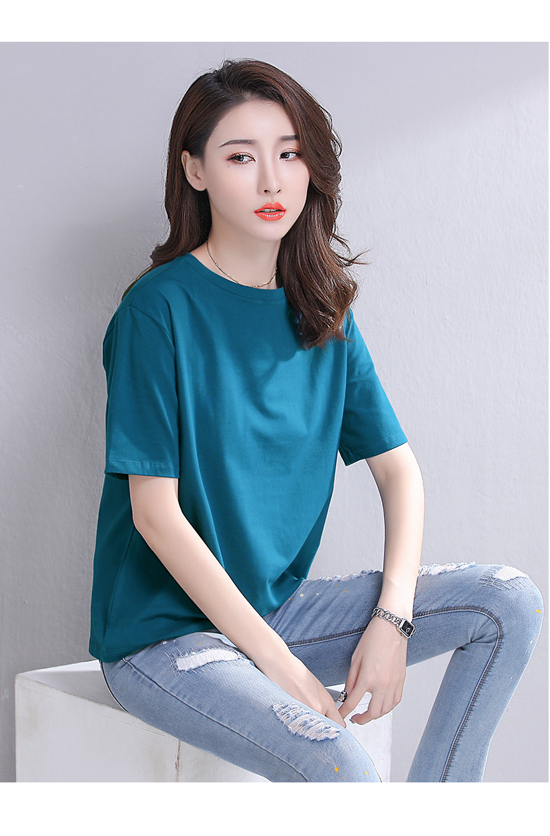 恒源祥商场同款孔雀蓝色t恤女短袖宽松纯棉圆领休闲运动丅血中老年大