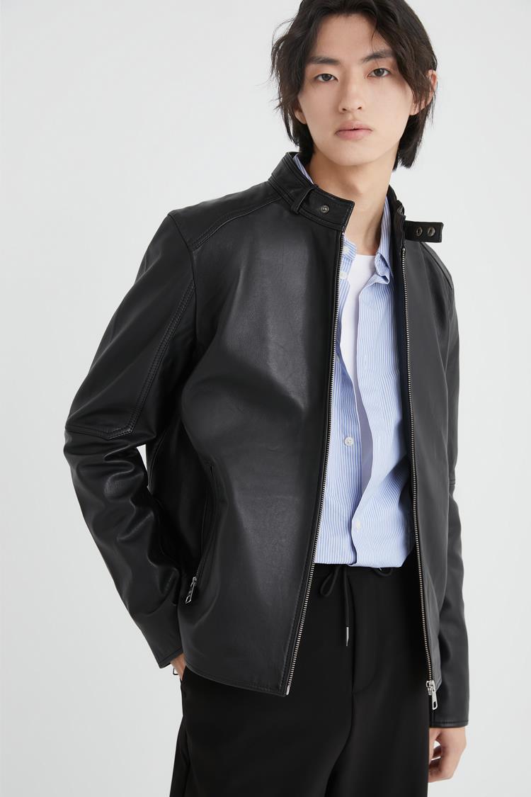 jackjones杰克琼斯秋男商务休闲羊皮革防风机车皮夹克220310002 e39