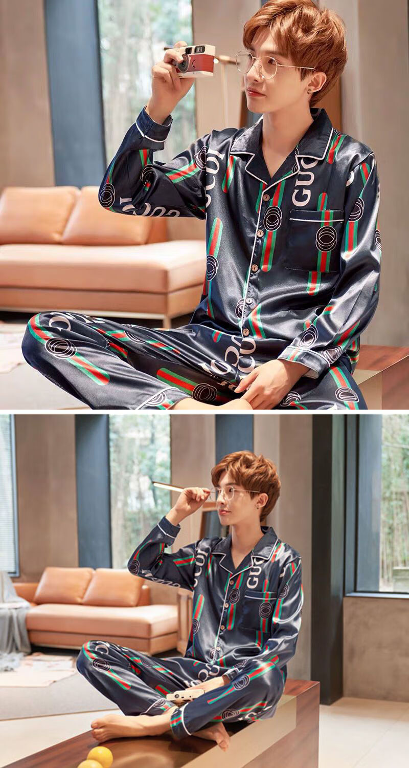 码男士睡衣春秋季长袖大码冰丝薄款开衫可外穿家居服套装 男(绿色lv)