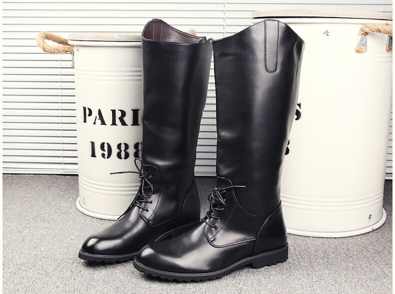 表演舞台高筒皮靴后拉链潮流男士牛仔靴长筒骑士软皮马靴时尚休闲品质