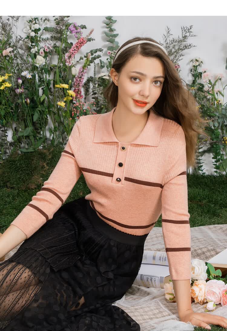 撞色条纹毛针织衫女佳人苑2021年春季新款七分袖翻领百搭线衫薄款