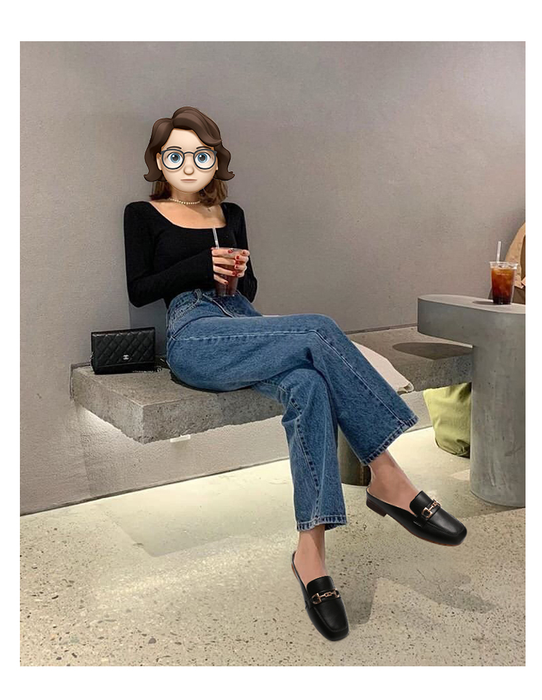 达芙妮女鞋半拖鞋女外穿全牛皮无后跟懒人鞋女粗跟包头凉拖鞋方头穆勒