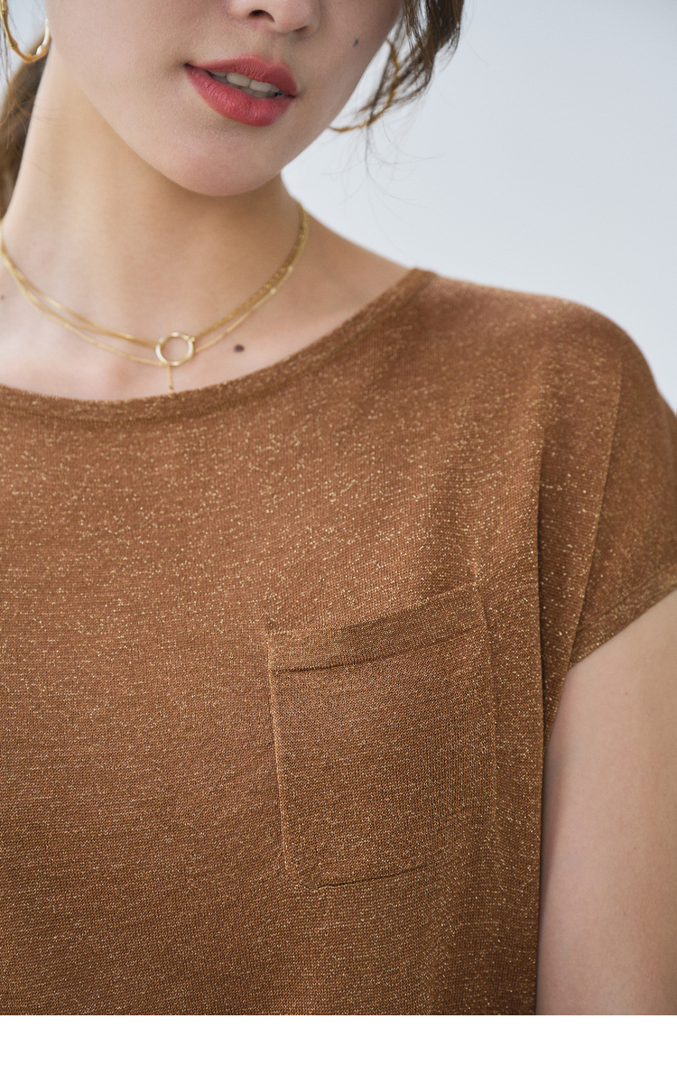 初棉星辰璀璨 棕色亮闪闪半袖t恤女显瘦 口袋薄款冰丝短袖t恤 摩卡棕