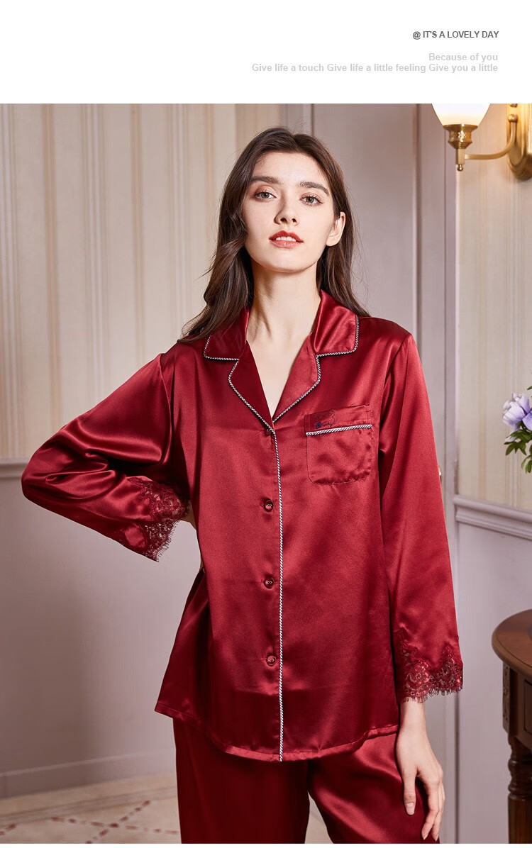 美标情侣真丝睡衣套装男女春夏新款红色结婚重磅长袖桑蚕丝丝绸家居服