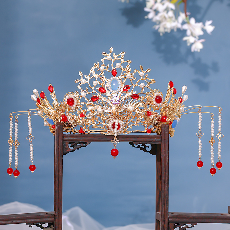 古风发冠【漪凝】汉服婚嫁头饰中式复古凤冠红色古装婚礼头冠配饰