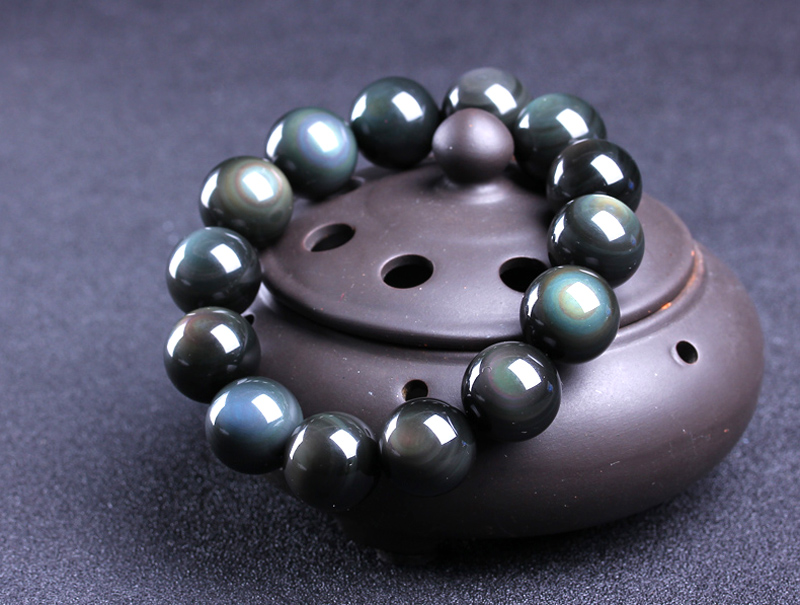 附证书蓝眼黑曜石手链 男士礼品黑曜石手串彩虹双眼霸气款