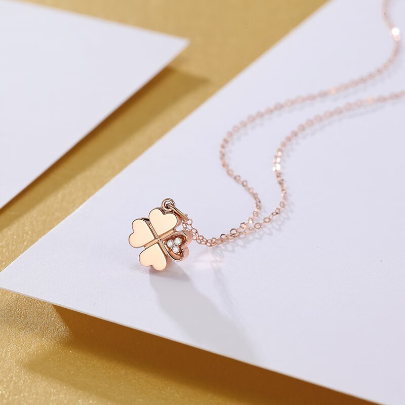 潮宏基心愿四叶草18k金项链女士玫瑰金吊坠彩金钻石项链金链子锁骨链