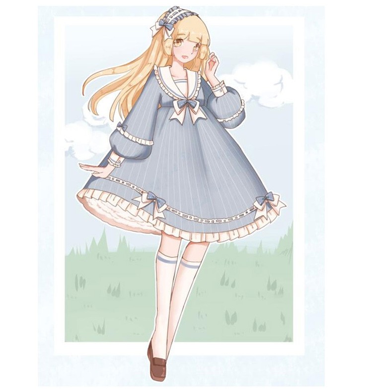 lolita月亮水手洛丽塔学院甜日常海军风少女翻领op连衣裙 奶灰色op