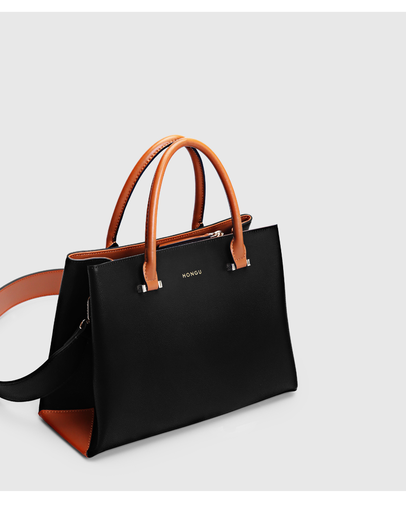 hongu红谷单肩包手提包女士女包新款简约牛皮时尚凯莉漆黑