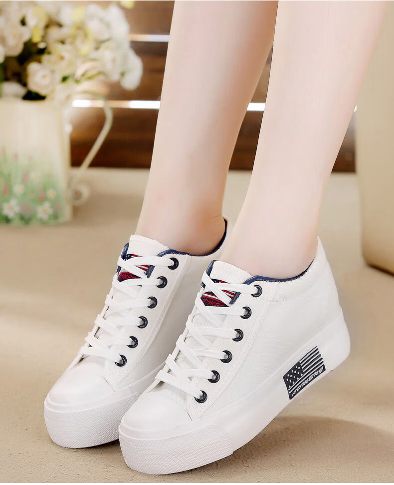 港武新款低帮帆布鞋女鞋韩版学生厚底松糕内增高百搭布鞋小白鞋白色34