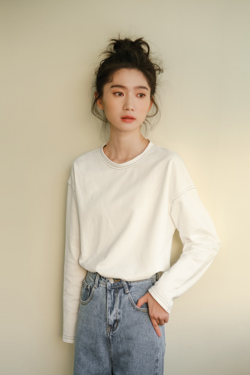 明线设计感简约纯色长袖t恤女春季宽松韩版基础款白色打底衫外穿百搭