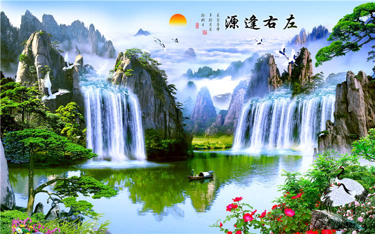 山水画客厅风景客厅装饰画山水风景壁画现代中式大自然迎客松背景墙贴