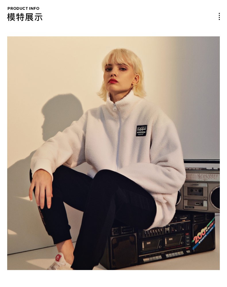 kappa卡帕羊羔绒外套情侣男女泰迪绒立领外套运动卫衣黑色990m