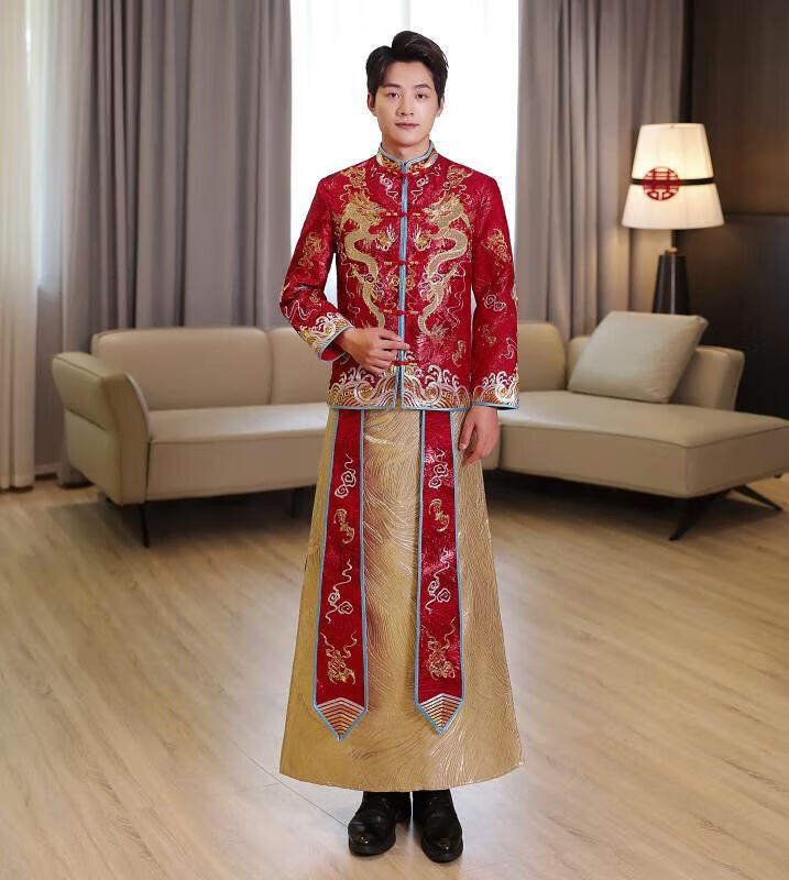 秀禾服2022新款男装中式结婚新郎敬酒礼服汉服男士婚服龙 金龙祥云