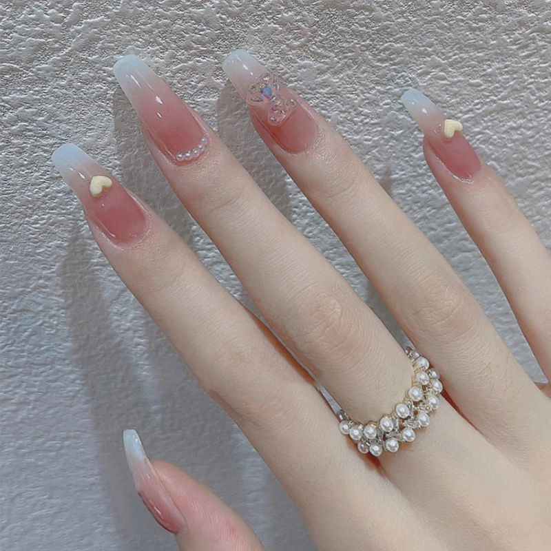 精选直发美甲贴片指甲贴片甲片学生穿戴甲爱心纹长款美甲甲片贴可拆卸