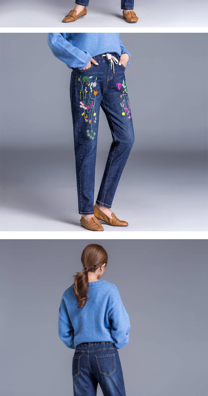 木清清绣花牛仔裤女2021春新款松紧高腰刺绣民族风弹力宽松大码妈妈