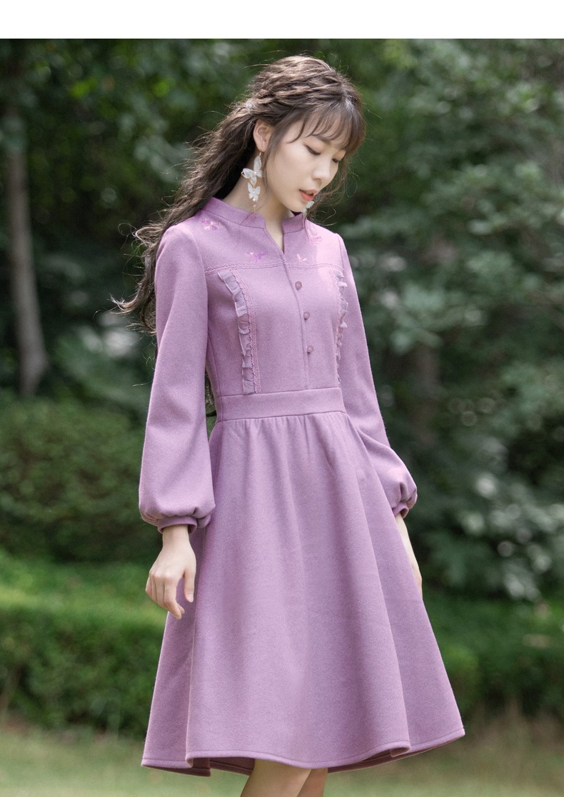 绣花毛呢连衣裙女2020冬季新品复古淑女气质灯笼袖裙子lt 锁欢 粉紫色