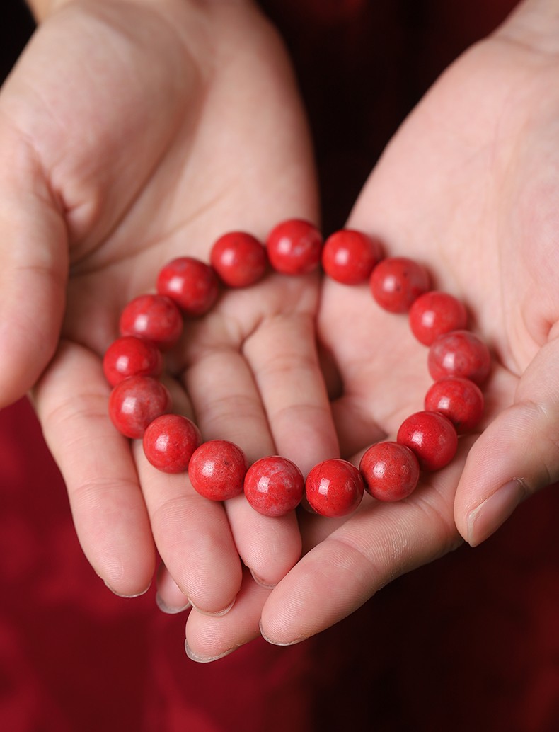 辰世新品原矿石朱砂手链男女款鸡血石圆佛珠子手饰品本命年红手串 j