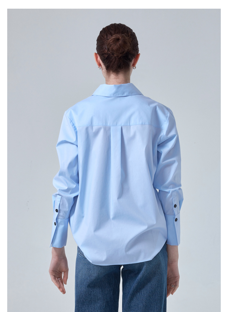 icy2021春季新款时尚简约不对称领口衬衣女袖克夫加长设计衬衫 浅蓝 s