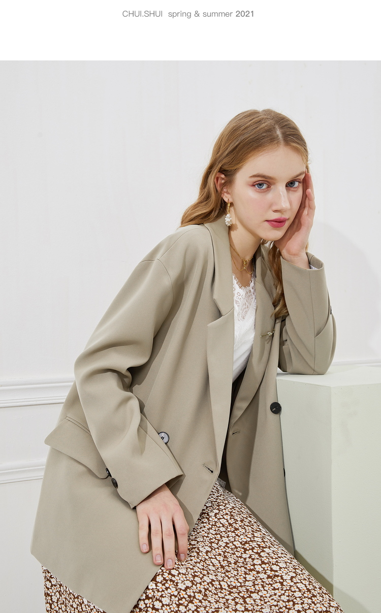 秋水伊人2021年春新品女装小众设计感直筒中长款廓形西装外套女 卡其