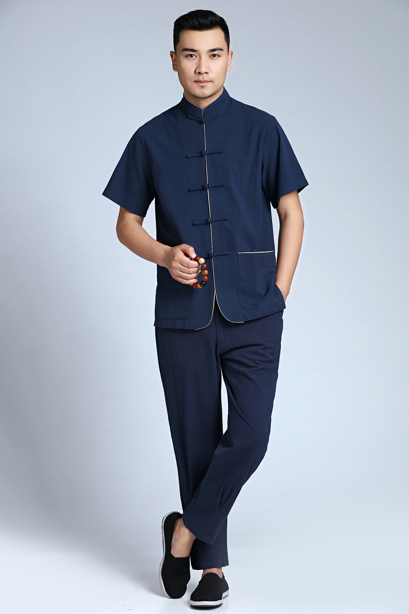 中国风中式唐装男夏装中年人短袖上衣裤子一套搭配男士半袖衬衫两件套