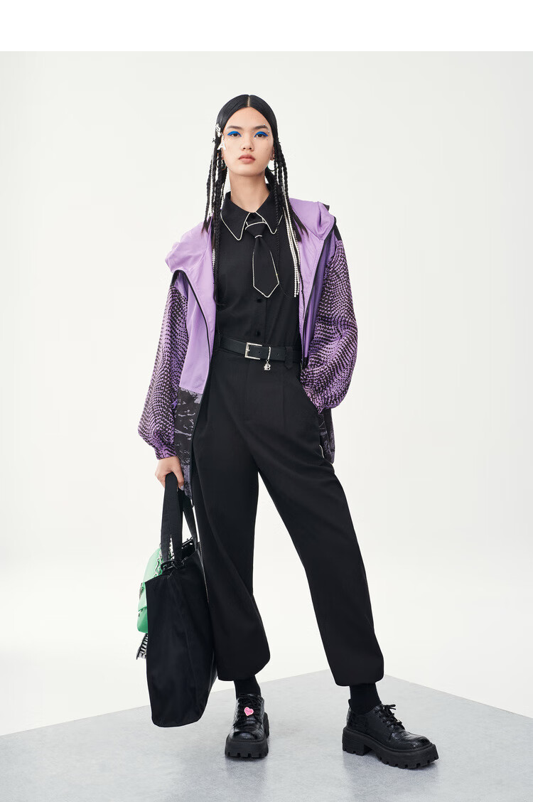 太平鸟女士潮流时尚2021年春季新款拼接撞色风衣外套女a3beb1207 紫色