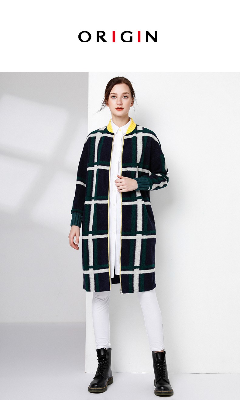 origin安瑞井女装冬季新款时尚中长款撞色格子毛呢外套羊毛大衣绿格s