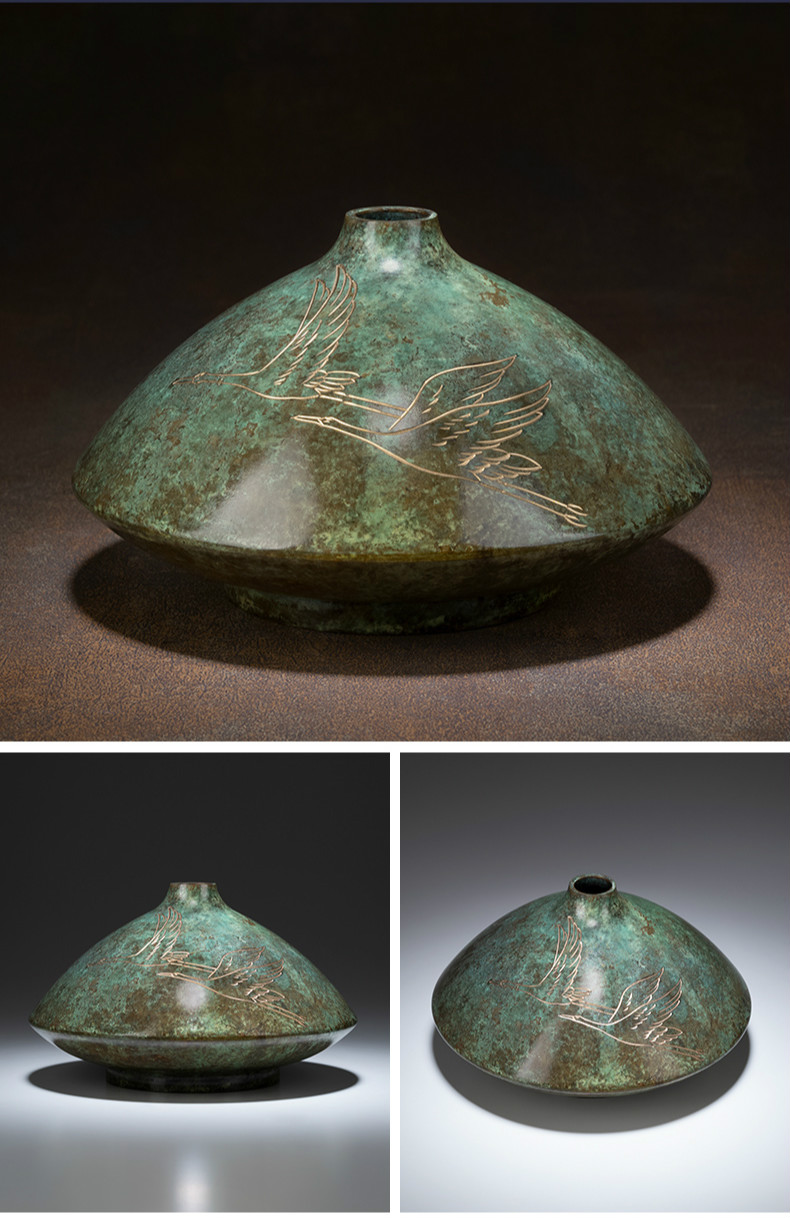 凉梵liangfas全铜摆件高冈铜器扁花瓶工艺品家居饰品花瓶扁花瓶蝶舞