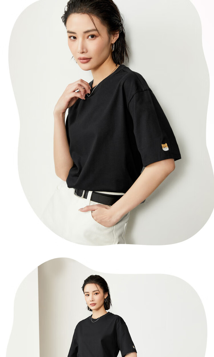 Giordano Women's Short-Sleeve T-Shirt, Pure Cotton with Embroidered Animal Patterns on Sleeves, Loose-Fitting Round Neck Casual Top, Women's Style 05324397 16
