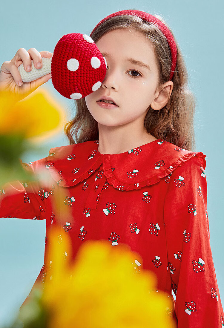 太平鸟童装minipeace童装女童洋气满印蘑菇衬衫红色连衣裙红色上衣