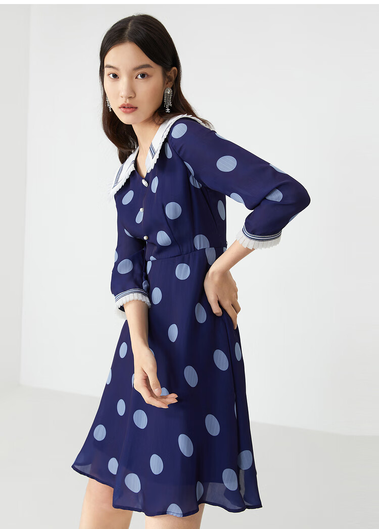 yiner音儿女装2021春季新款时尚波点百褶边拼接翻领连衣裙 藏蓝 38