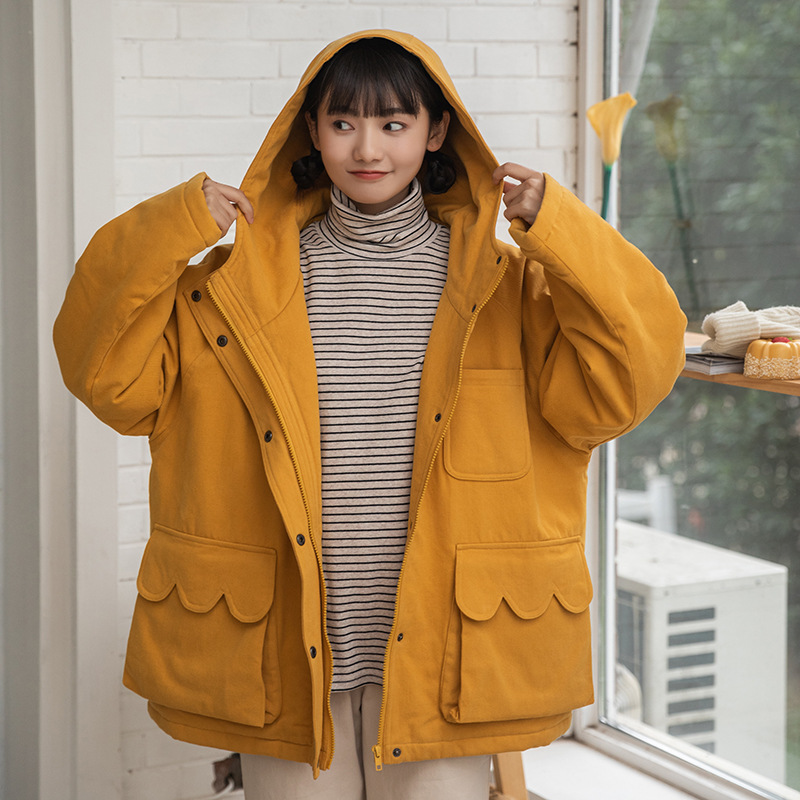【jk制服官方】加厚工装外套女黄色中长款2020冬新款波浪大口袋拉链连