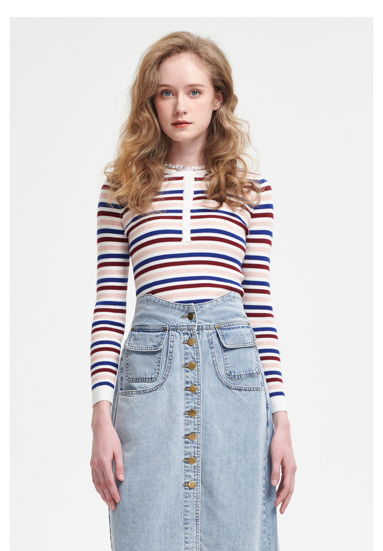 mjstyle21年春夏新款撞色条纹修身显瘦内搭针织衫女-521190120 浅粉