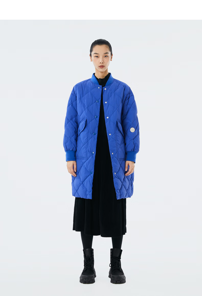 fun系列棒球领胶章设计师中长款羽绒服女 炫彩蓝 160/80a/s【图片