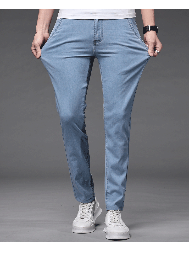 尖东骑士牛仔裤男春夏简约休闲小脚长裤男士青春时尚百搭裤子潮蓝黑色