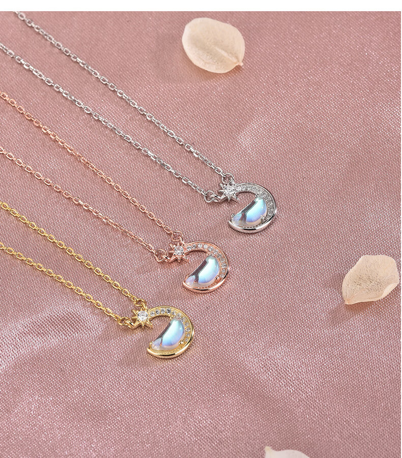 mroma s925纯银日韩风镶钻渐变玻璃星星月亮项链森系小清新六芒星锁骨