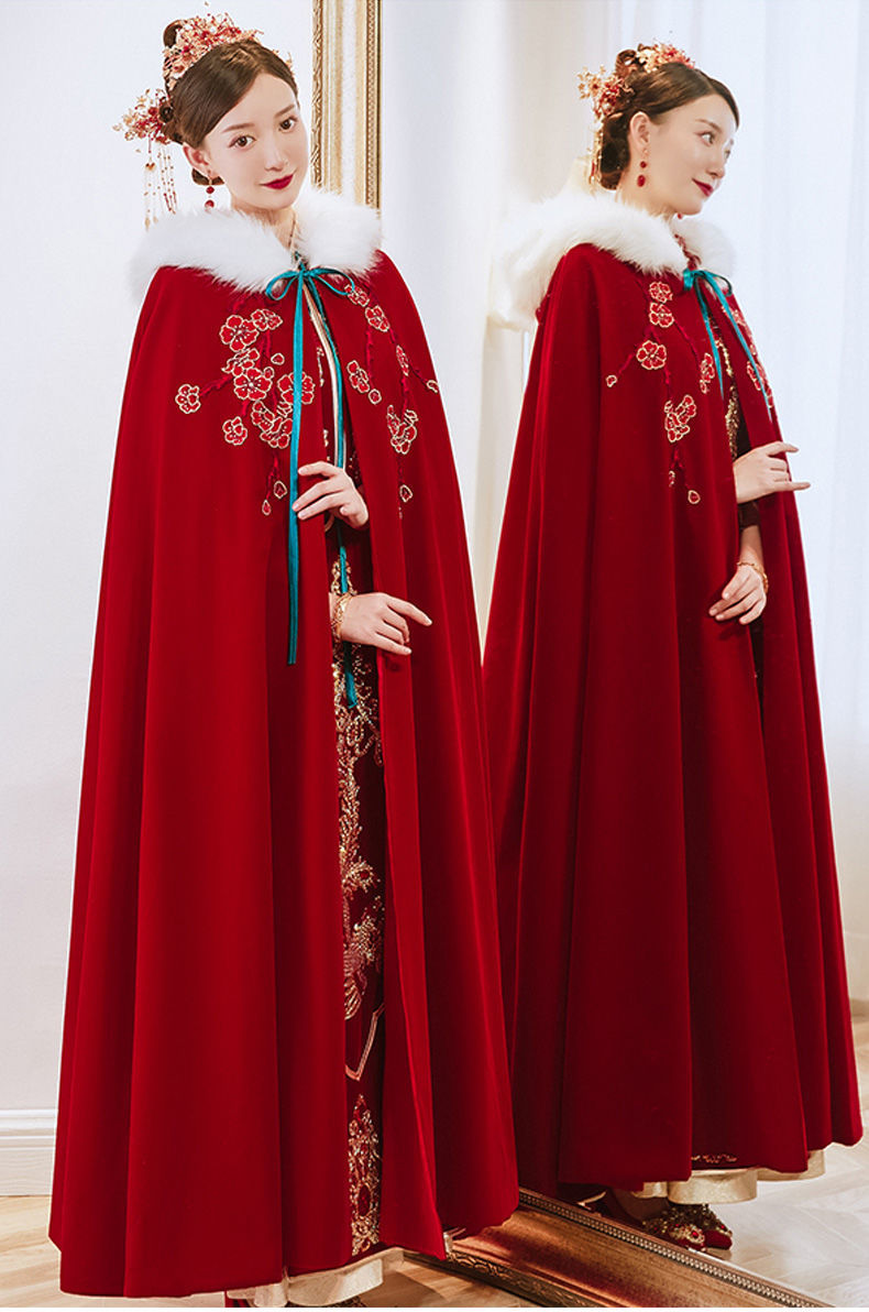 玺柠2021新款秀禾服披风红色新款新娘中式婚礼毛披肩斗篷保暖加厚毛领