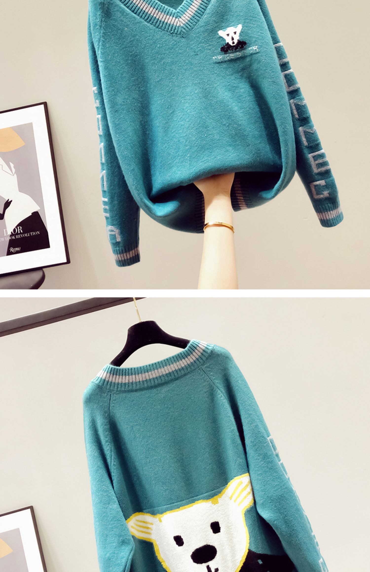 bkmr2021年新款女士新年毛衣服秋冬装v领本命牛年红宽松外穿洋气 黑色