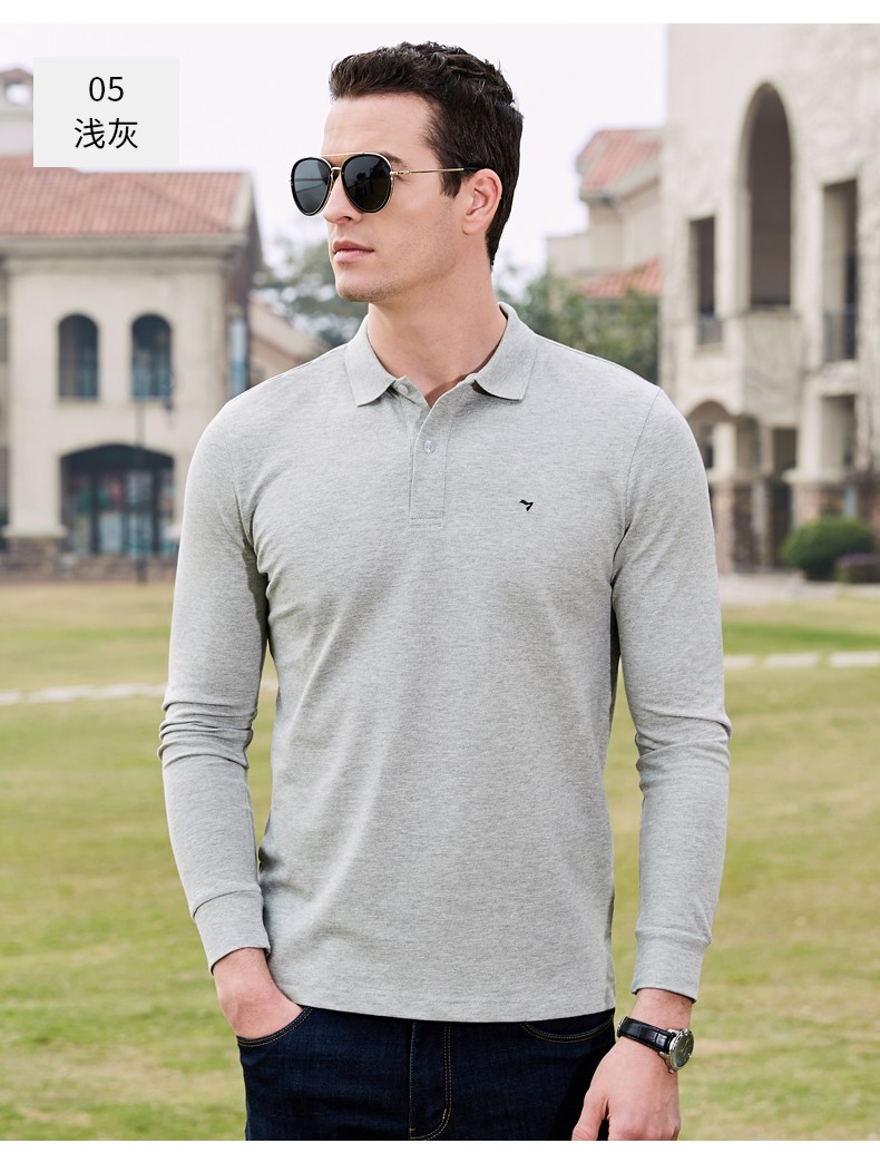 柒牌纯色polo衫男长袖2022春季新款男士商务休闲男装黑色翻领上衣湖蓝
